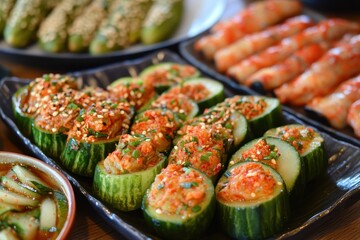 Wall Mural - Korean dishes stuffed cucumber pickles and cucumber kimchi