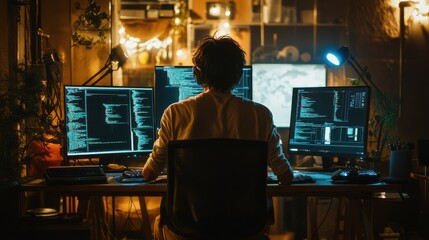Young caucasian male programmer working on multiple monitors in cozy home office