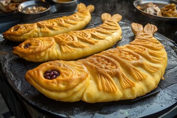 Wall Mural - Korean street food fish shaped pastry filled with sweet red bean