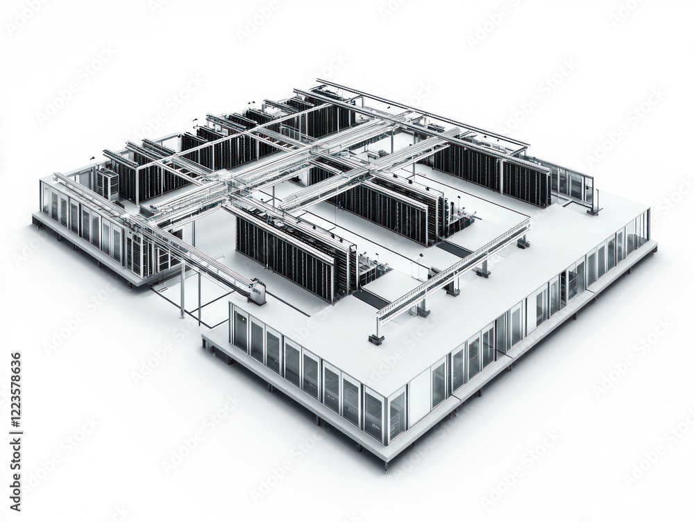 A 3D illustration of a data center floor plan, featuring rows of server ...