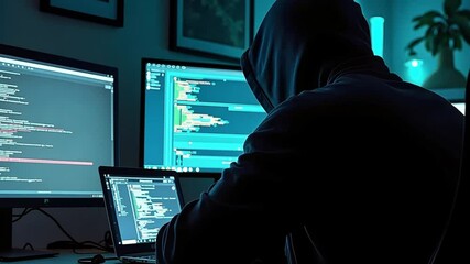 Hooded Hacker Figure Working on Multiple Computer Screens at Night