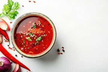 Wall Mural - Spicy fish cake soup a favorite Korean street food served on a white table with space for text