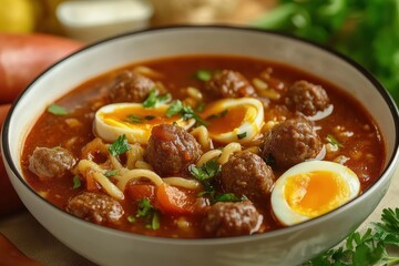 Wall Mural - Spicy noodle seblak is a soup featuring soaked crackers meatballs sausages vegetables and eggs all in a flavorful spicy sauce