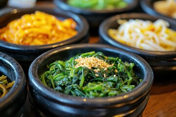 Wall Mural - Unlimited refills of Korean sides soybean sprouts kimchi and spinach at a restaurant Selective focus