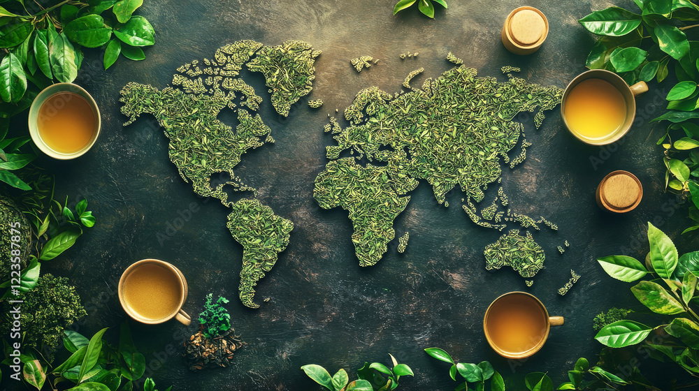 Lush green tea leaves form a world map with tea cups and loose tea in a ...