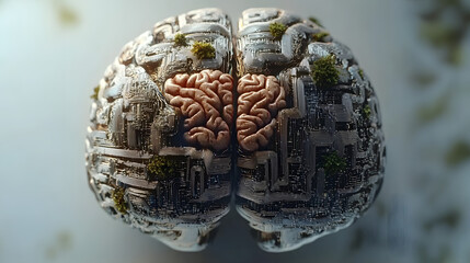 Wall Mural - a digital brain fusing with a biological brain to depict the convergence of artificial stock knowled