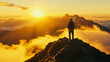 © Taras Vykhopen - Backpacker stands triumphantly on mountain peak at sunrise with breathtaking views of rugged terrain
