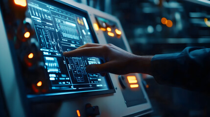 Wall Mural - close up of an industrial engineer's hand interacting with a touchscreen control panel, monitoring a