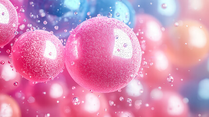 Wall Mural - pink and blue spheres floating in a sea of water droplets. the spheres are of different sizes and co