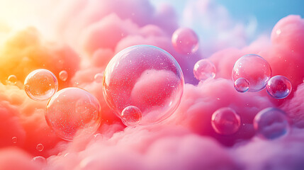 Wall Mural - colorful cloud of pink and orange bubbles floating in the sky. the bubbles are of various sizes and 