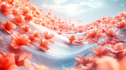 Wall Mural - beautiful pink flower field with a blue sky in the background. the flowers are scattered all over th