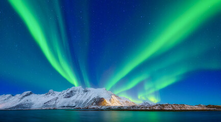 Wall Mural - aurora borealis in scandinavia. norway, lofoten islands. northern lights over the mountains. starry 