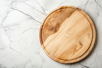 Wall Mural - Round wooden board on white table top view with copy space Wood pizza platter