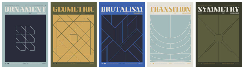 Poster - Line ornament vintage color trendy poster, abstract geometric composition graphic in Y2K aesthetics, vector simple shapes print artwork modernism and minimalistic brutal style A4 format set 2