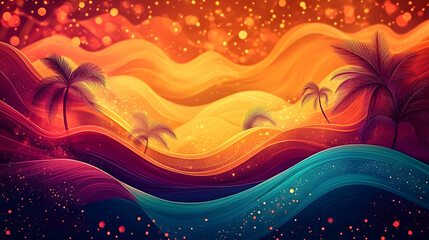 Wall Mural - abstract background with tropical and asian colors and waves, featuring a silhouette for asian ameri