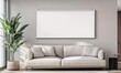 © dony - A mockup of an empty, blank white poster frame on the wall in a minimalist interior design, with a sofa and potted plant nearby