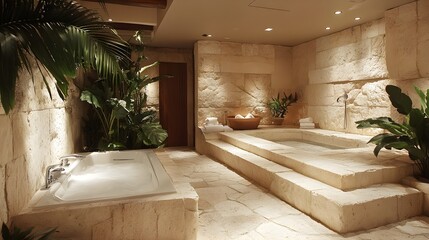 Wall Mural - A bathroom with natural stone tiles and soft recessed lighting.