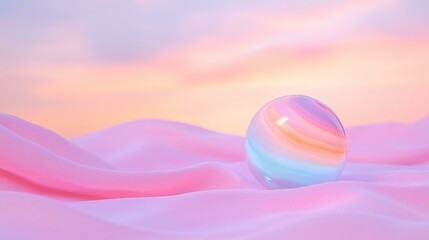 Wall Mural - pastel sphere on soft pink fabric with dreamy sky background