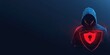 © SKIMP Art - Cyber security concept with hacker in hood and shield on dark blue background, red light glowing padlock icon Black shadow man faceless wearing hoodie for online system protection Generative AI