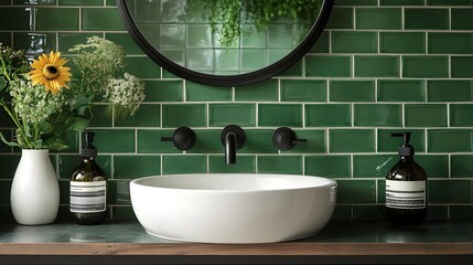 Sticker - A bold bathroom with emerald green subway tiles and matte black fixtures.