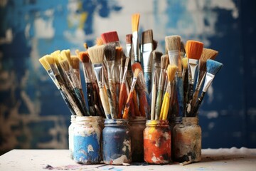 Wall Mural - Various used paintbrushes are arranged in paint splattered jars, evoking a creative atmosphere in an art studio