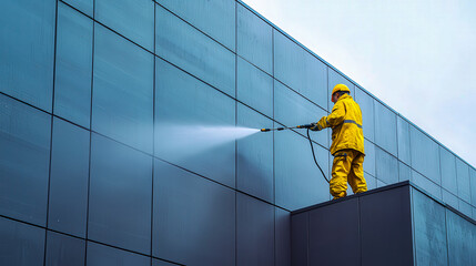 worker in yellow protective gear cleaning a modern building exterior with pressure washer during ove