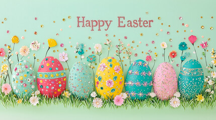 Poster - Colorful Easter eggs decorated with flowers and sparkles set against a pastel background