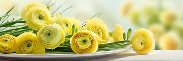 Poster - Yellow ranunculus flowers arranged elegantly on a white plate, showcasing their vibrant colors and intricate petals