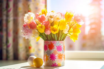 Poster - Bright spring flowers in a colorful vase on a sunny windowsill with soft light illuminating the scene