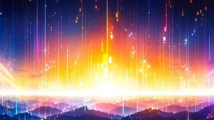 Aufkleber - Digital art of a vibrant sunset over distant mountains with colorful rays and pixelated details inspiring a sense of peace