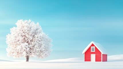 Wall Mural - Snowy winter landscape, red house, tree, postcard