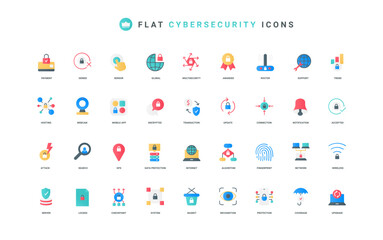 Poster - Cybersecurity, secure payment operation and hosting, privacy data protection for computers in network, mobile app color icon set. Biometric recognition, system update flat elements vector illustration