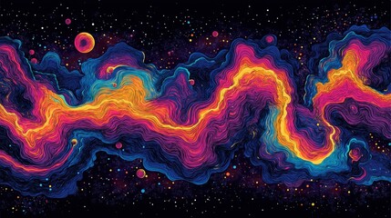 Wall Mural - Vibrant hand-drawn nebula with swirling cosmic waves and vivid color gradients