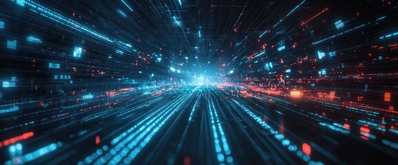 Digital data stream tunnel, futuristic highway, binary code, glowing lines, tech background, website banner