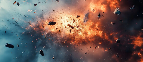 Wall Mural - dynamic explosion with fragments in vibrant colors and ample space for text overlay.