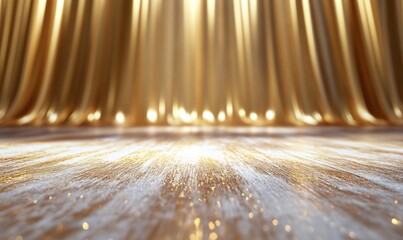 Poster - Golden curtain backdrop, sparkling floor, award ceremony, product display