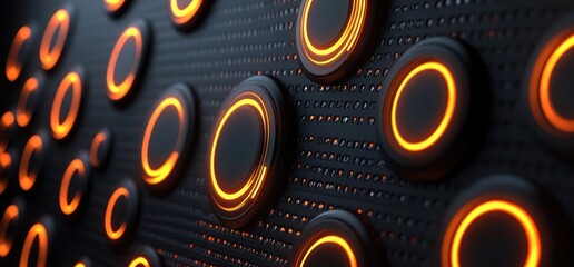 Glowing circular buttons on dark tech background, futuristic interface design, website banner