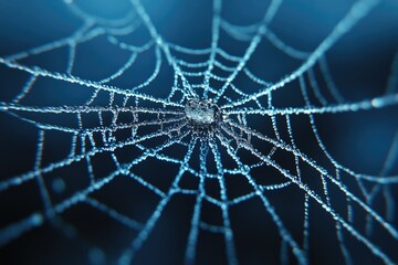 A spiderweb glistening with morning dew, intricate details captured in a close-up shot.