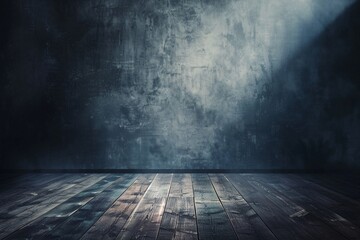 Light beam is illuminating a grungy interior with a wooden floor