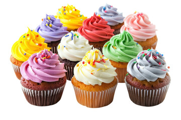 A delightful display of colorful cupcakes with swirled frosting and sprinkles arranged artfully on a white background isolated on transparent background