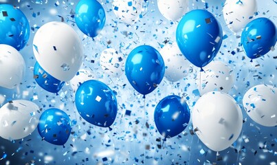 Canvas Print - A cheerful birthday scene with blue and silver balloons, gray confetti, and a gray background, designed for a 1st birthday celebration, featuring ultra-realistic and photorealistic details, with no