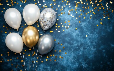 Canvas Print - Chic silver and gold balloons with confetti set against a dark blue background