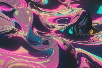 Wall Mural - Abstract digital art with swirling neon colors and shiny textures.