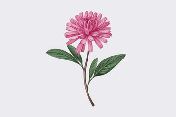 Wall Mural - A single pink flower with green leaves on a white background.