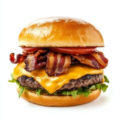 A classic double cheeseburger with crispy bacon, isolated white background, realism art style