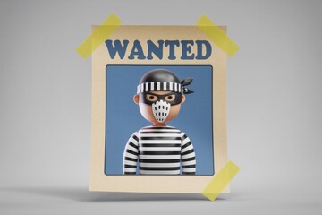 A wanted poster featuring a cartoon criminal with a mask and striped shirt.