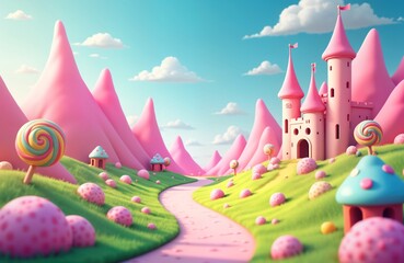colorful candy landscape features pink castle in sweet land. road winds through lollipops, mounds of