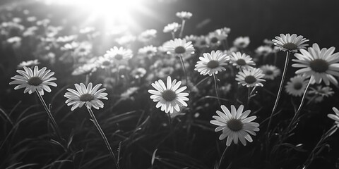 Sticker - A black and white photo of a field of white daisies. Concept of serenity and calmness, as the flowers are arranged in a neat and orderly manner