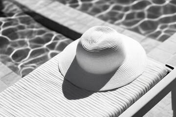 Canvas Print - A white hat is sitting on a lounge chair by a pool. The hat casts a shadow on the chair, creating a sense of relaxation and leisure. The pool water and the chair provide a comfortable