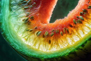 Wall Mural - A close-up of a watermelon slice with intricate seed patterns and vibrant coloration.